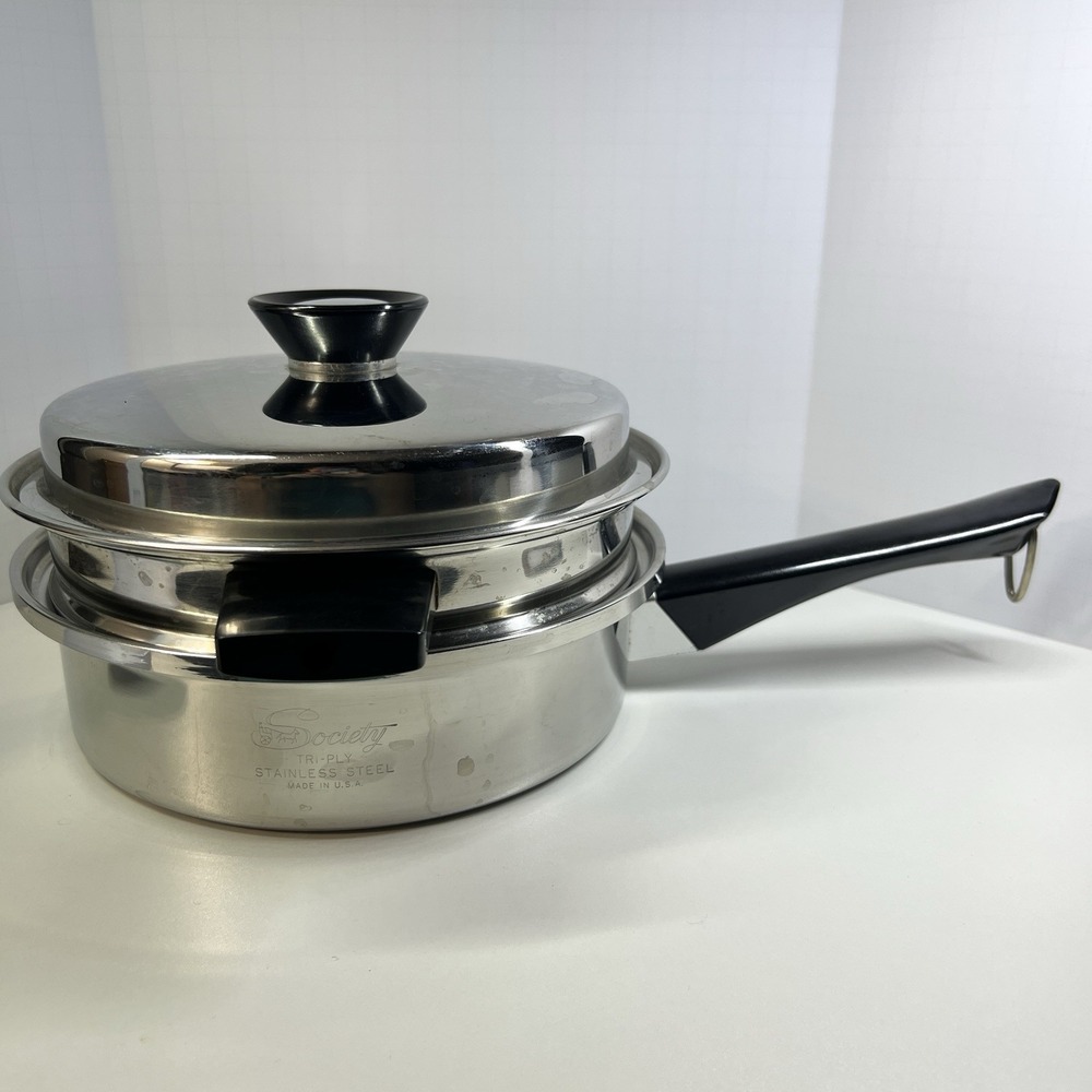 Vintage Society Tri-Ply Stainless Steel Double Boiler Saucepan w Lid Made USA